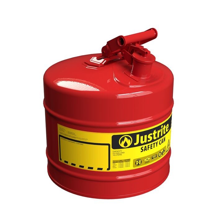 Red Justrite 7150100 five-gallon steel gasoline safety can